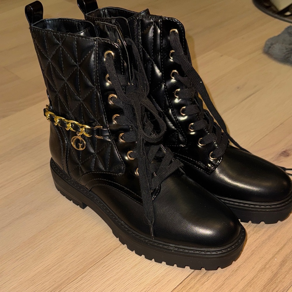 Guess Black Quilted Combat Boots with Gold Chain Detail